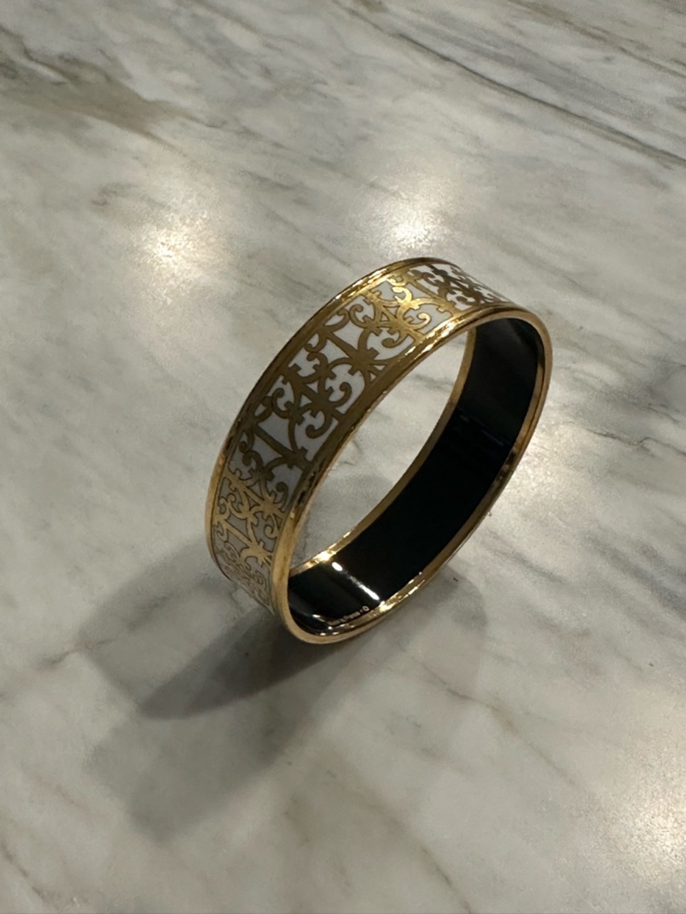 Hermes Gold and White Enamel Filigree Bangle Bracelet